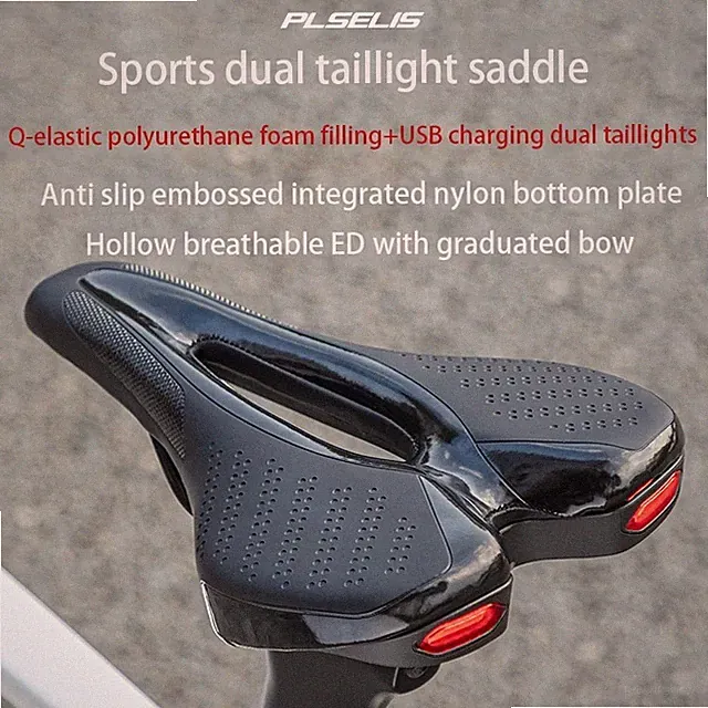 Bicycle Saddle with Dual Tail Lights USB charging PLSELIS MTB Road Bike