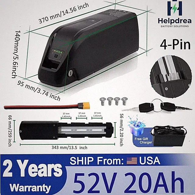 HAILONG 52V 20Ah Electric Bike Bicycle Motor Lithium ebike Battery 4Pin &Charger